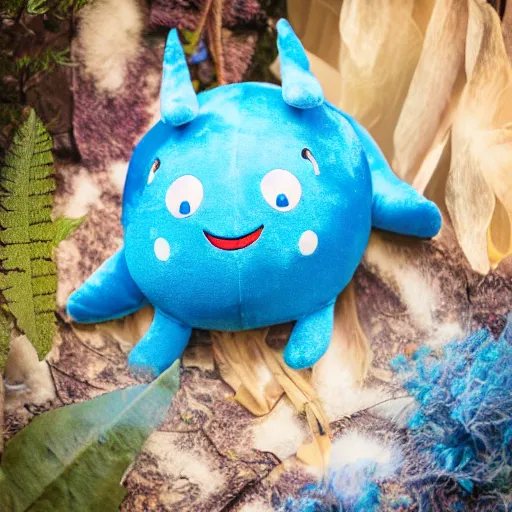 Image similar to blue'snappy gifts'plush toy with smily face in magical forest, gifts, dark atmosphere, high detail, soft lighting, 8 k