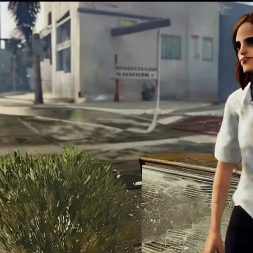 Prompt: Emma Watson spilling a soda on her white shirt in GTA 5.