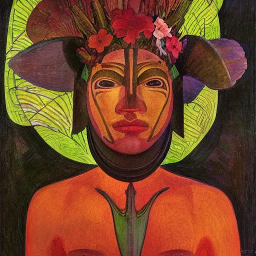 Image similar to head of a beautiful boy wearing a mask made of metal flowers, by diego rivera and john watkiss and annie swynnerton, art deco shaman, stylized flowers, art brut, symbolist, dramatic lighting, god rays, iridescent beetles, clean crisp graphics, smooth sharp focus, extremely detailed