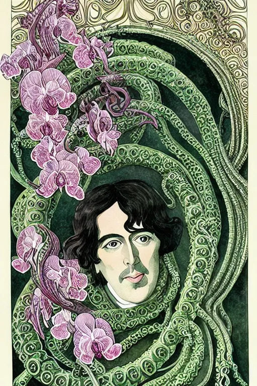 Image similar to realistic portrait of oscar wilde in the center of an ornate tentacle frame with orchids, detailed art by kay nielsen and walter crane, illustration style, watercolor