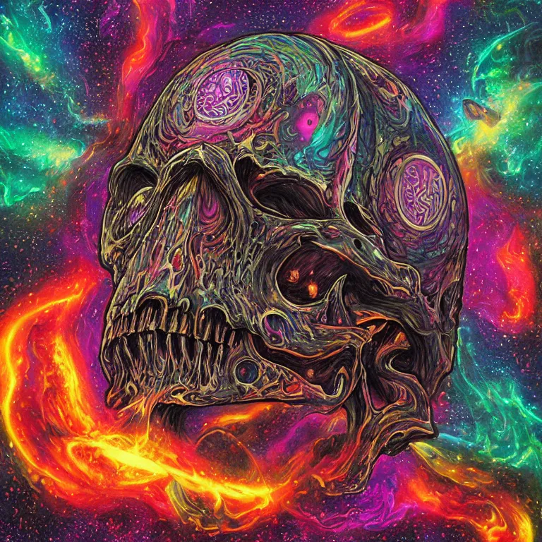 Prompt: a symmetrical composition of a giant skull with deep and intricate rune carvings and glowing eyes with thick lovecraftian tentacles emerging from a space nebula by dan mumford, twirling smoke trail, a twisting vortex of dying galaxies, digital art, vivid colors, highly detailed