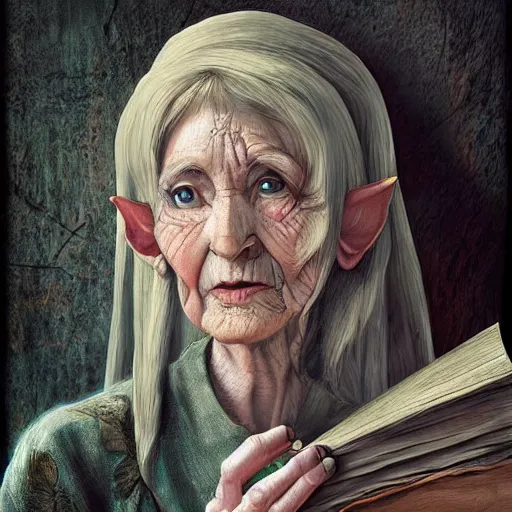 Image similar to A beautiful old female elf holding a scroll, preparing a spell, digital painting, detailed, realism, art station, intricate