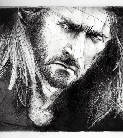 Prompt: portrait of man with long blond hair tied up wearing black robes, pen and ink, intricate line drawings, by craig mullins, ruan jia, kentaro miura, greg rutkowski, loundraw