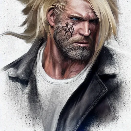 Image similar to portrait of a muscular, grim, ponytail haired blonde man in his late 30's, wearing a thick brown leather coat, looking to his side, scarred face, blue eyes, hunter, DnD character, fantasy character, dramatic lighting, digital art by Ruan Jia, Krenz Cushart, Rossdraws and Boris Vallejo