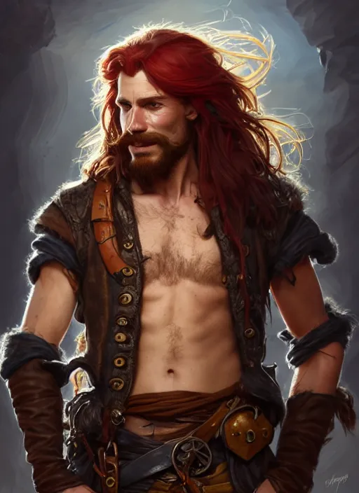 Image similar to portrait of a young ruggedly handsome but joyful pirate, male, masculine, upper body, red hair, long hair, d & d, fantasy, piercing eyes, intricate, elegant, highly detailed, digital painting, artstation, concept art, matte, sharp focus, illustration, art by artgerm and greg rutkowski and alphonse mucha