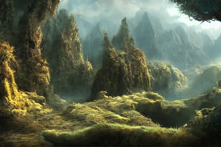 Prompt: Landscape of a fantasy world. Cinematic lighting. Photorealism.
