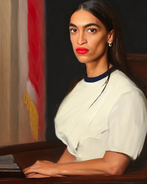 Image similar to close - up portrait of the united states president, alexandria ocasio - cortez, standing at the resolute desk, 2 0 2 4, painting, oil on canvas by william sidney mount, trending on artstation, national archives