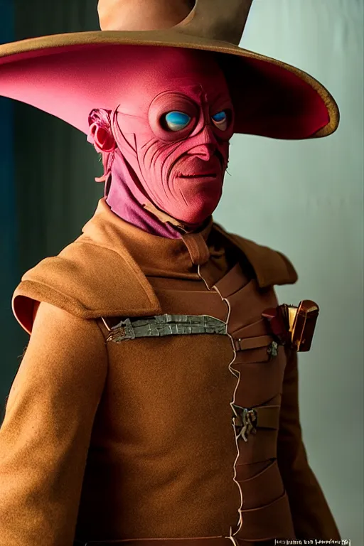 Image similar to character costume studio photograph of a character in a movie set in a world inspired by jean giraud moebius and geoff darrow