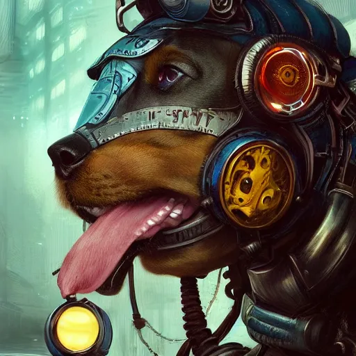 Prompt: character portrait of a retrofuturistic puppy, dystopian cyberpunk steampunk soviet mood, intricate, wild, highly detailed, digital painting, artstation, upper body, concept art, smooth, sharp focus, illustration, art by artgerm and greg rutkowski and alphonse mucha, vibrant deep colors