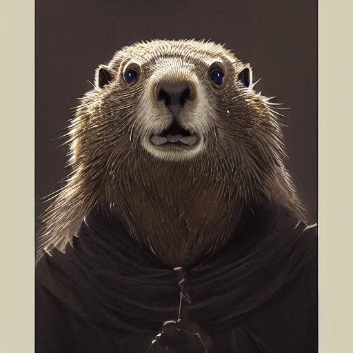 Image similar to portrait of a Marmot in a black cloak,  glowing eyes, detailed face, highly detailed, cinematic lighting, digital art painting by greg rutkowski.