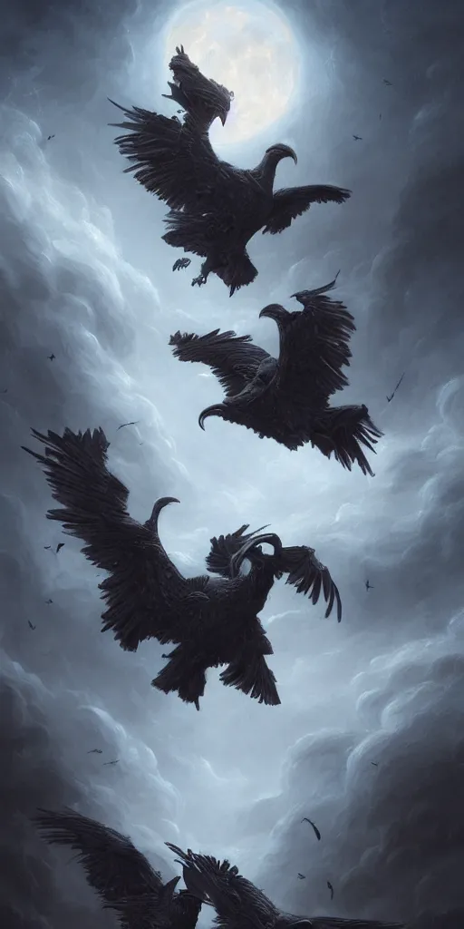 Prompt: intricate ominous highly detailed flock of ravens by peter mohrbacher and agostino arrivabene, vladimir kush, mysterious, ethereal, dark, flying, swirling, beautiful full moon, detailed thick black swirling smoke tornado, particles, fire embers, matte painting, artstation