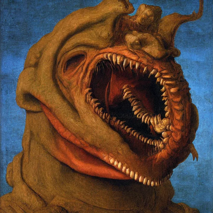 Image similar to close up portrait of a mutant monster creature with anglerfish facial features, bioluminescent nose by jan van eyck, audubon