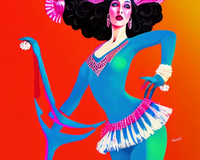 Prompt: young cher as a cancan dancer in art deco style, hyper realistic, artstation, illustration, digital paint, matte paint, vivid colors, bright, cheerful, detailed and intricate environment