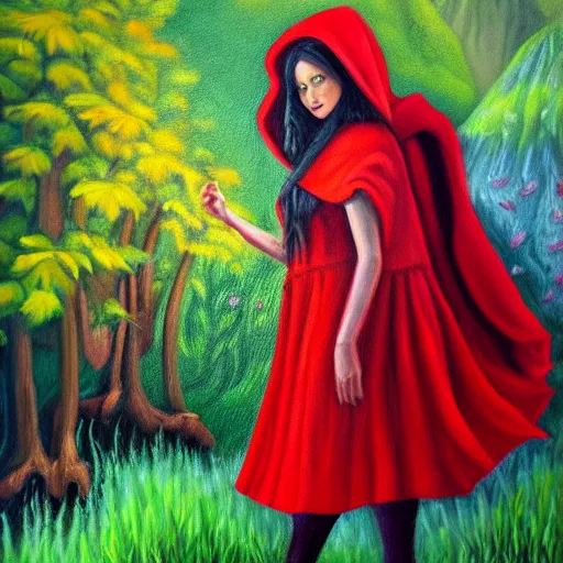 Image similar to oil painting of little red riding hood walking through a fantasy landscape filled with brugmansia suaveolens