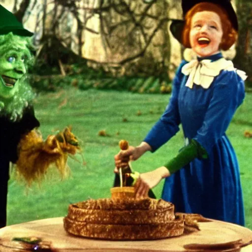 Prompt: the wicked witch of the west serving pies, wizard of oz, movie, photography,