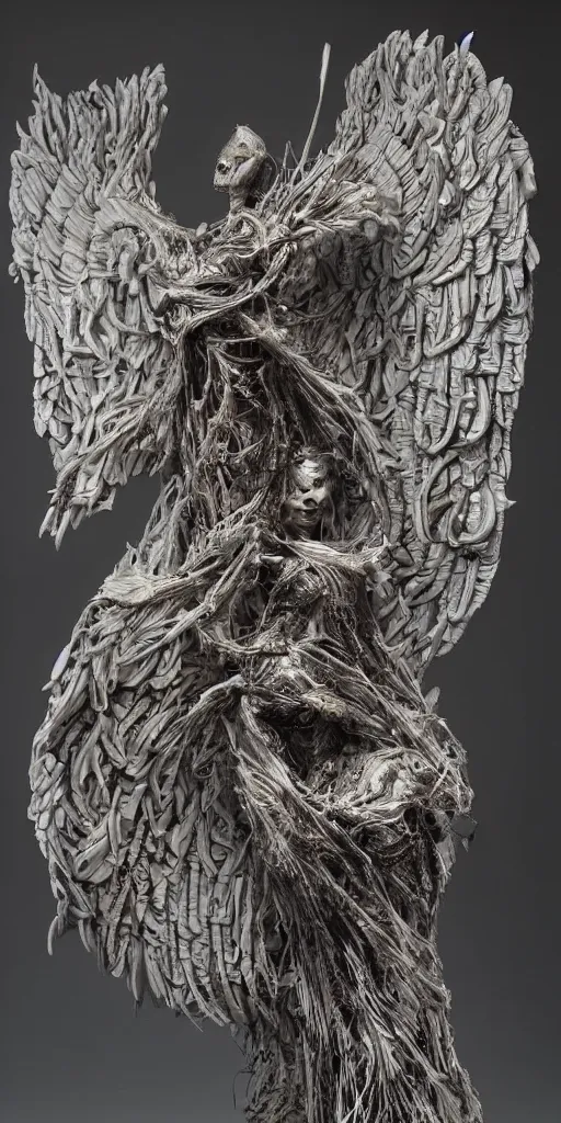 Image similar to inside of bird angel anatomy, highly detailed sculpture, anatomical, ommatidia, post - processing, intricate detailed, dom qwek, darren bartley, james jean