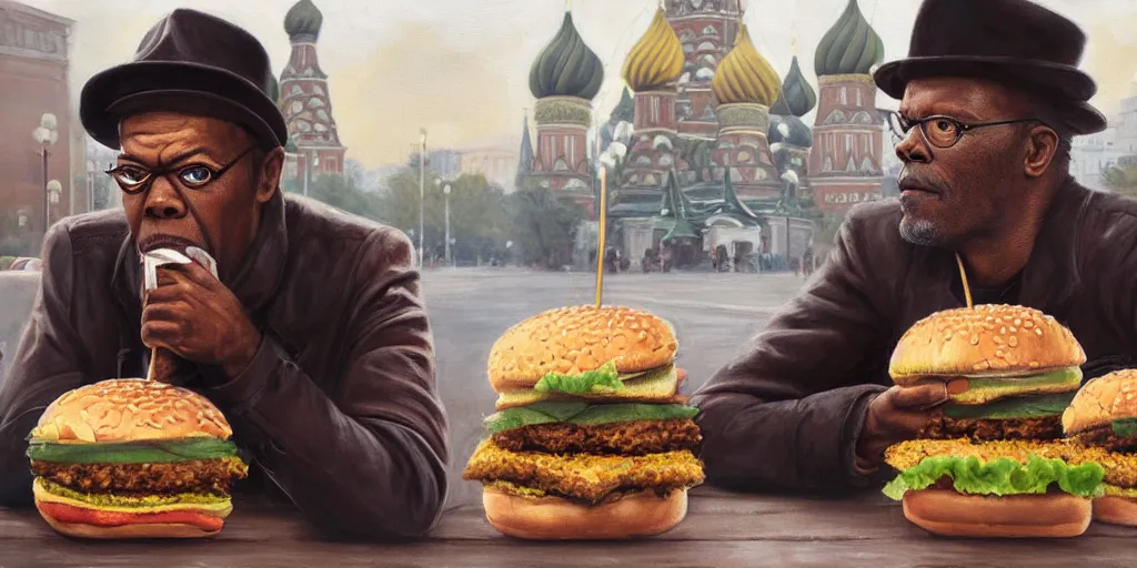 Image similar to highly detailed portrait painting of samuel l jackson eating burger sitting on square near moscow kremlin, balalaika, perfect symmetrical eyes, by eddie mendoza and tyler edlin, 8 k resolution