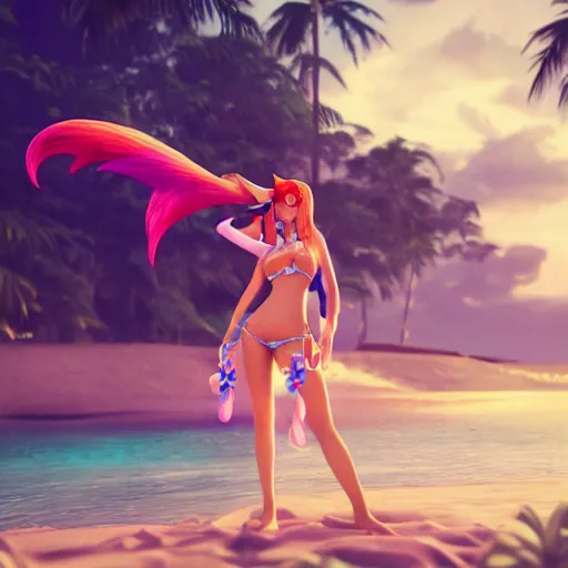 Prompt: beautiful render of pool party Ahri from league of legends looking at the horizon in a hawaii beach, 3d, octane render, realistic, highly detailed, trending on artstation