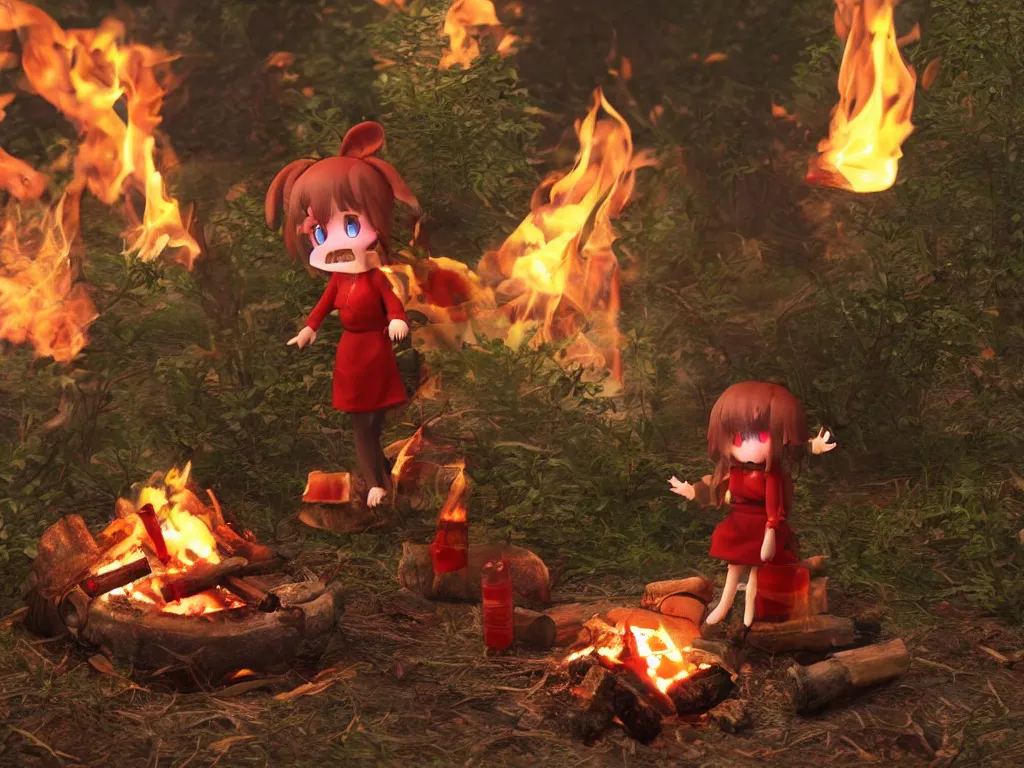 Image similar to cute fumo plush pyromaniac girl giddily starting a fire in the forest, campfire, flames, warm glow and volumetric smoke vortices, vray