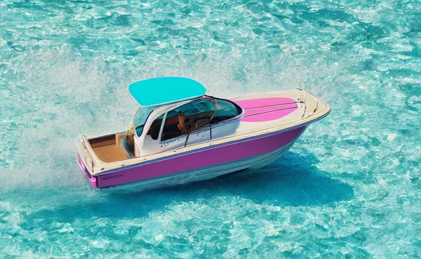 Image similar to photorealistic picture of a pink scarab 3 8 kv boat driving in turquoise water. miami. 8 0's style