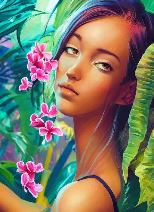 Prompt: symmetry!! attractive girl surrounded by colorful tropical flowers and plants, upper body face shot, long straight blonde hair, visible face : : portrait, painting, splash, jesper ejsing, by rhads, makoto shinkai and lois van baarle, ilya kuvshinov, ross tran, borderlands artworks in 4 k