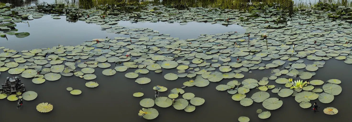 Prompt: A large combat robot lies in the shallow waters of a lake in front of an abandoned cityat sun dawn, water lilies float on the surface of the water