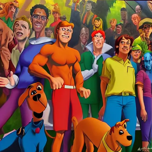 Image similar to an ultra - realistic portrait painting of scooby and the gang in the style of alex ross. 4 k. ultra - realistic. highly detailed. epic lighting.