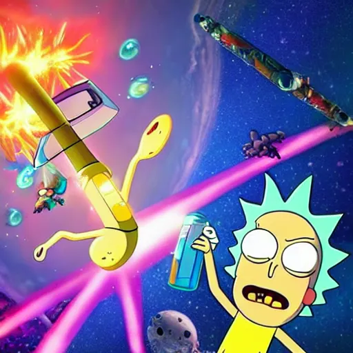 Image similar to rick and morty battle spongebob squarepants in space, galaxy, hd, explosions, gunfire, lasers, spatula, giant, epic, showdown, colorful, realistic photograph, unreal engine, movie