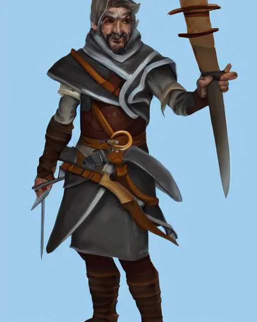 Image similar to a concept art of a D&D character, holding a small sword made by Donutello, white background