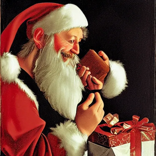 Prompt: Father Christmas playing on an Xbox Painted by Caravaggio