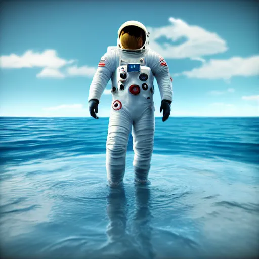 Image similar to astronaut in the ocean , cinema 4d render, Ray tracing reflection, natural lighting, waves, close view, unreal,