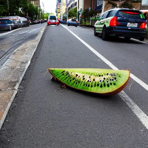 Image similar to huge kiwi fruit cut in half in the middle of the street, photographed