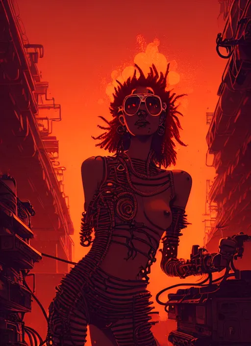 Image similar to highly detailed portrait of wasteland punk long curly fire hair tribal lady, stray wiring by atey ghailan, james gilleard, by joe fenton, by greg rutkowski, by greg tocchini, by kaethe butcher, 4 k resolution, gradient red, orange, black and white color scheme!!! ( ( burning flaming robotic dystopian city background ) )