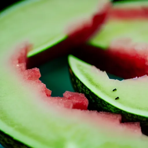 Prompt: extreme close up of a small broken piece of ripe seeded watermelon, dim iridescence, 4K, HDR, octane render