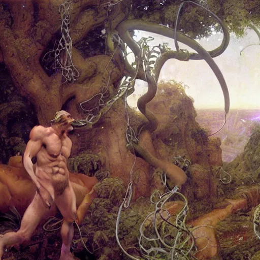 Prompt: Close-up of God being angry in the Garden of Eden. Adam and Eve look very guilty and the snake is leaving the scene quietly - Matte painting , detailed painting, made by Edgar Maxence and Ross Tran and Michael Whelan, Lorenzo Sperlonga Legends of Runeterra