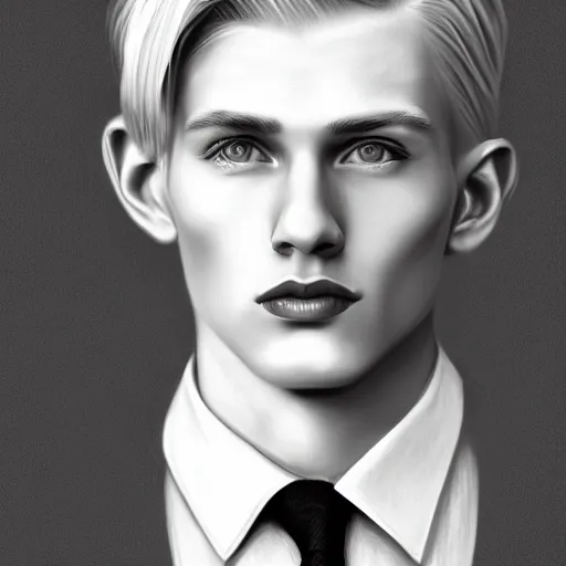 Image similar to A pencil drawing portrait of a blond young Irish man with high cheekbones. Good bone structure. Dressed in 1940s style. Highly detailed, fine Art, high detail, great lighting, 8k resolution, masterpiece, concept art, illustration, clear eyes, painting oil on canvas, octane render, HDR, trending on artstation, 4k, 8k, HD