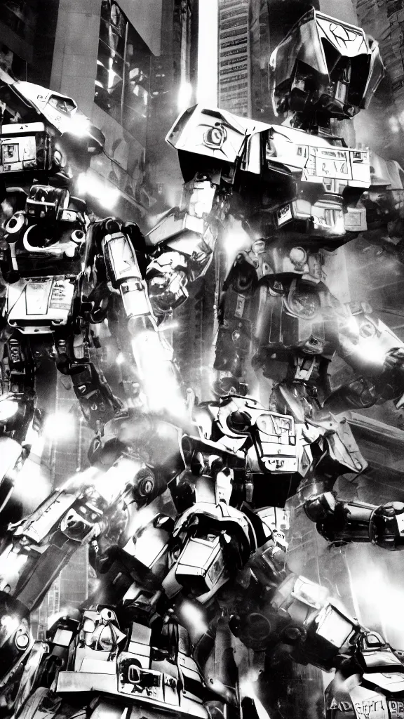 Prompt: 1 9 8 0 s giant robots fighting over tokyo, yashica t 4, heavy motion blur