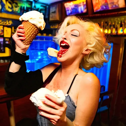 Image similar to marilyn manroe licking a melting ice cream cone sitting in a cyberpunk pub