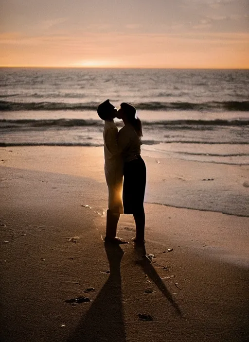 Prompt: A hyper realistic and detailed photography of a couple kissing from movie Here to Eternity on beach. by David Dubnitskiy. Cinematic. Golden Hour. Kodak Portra 400. Lens flare. 35mm lens