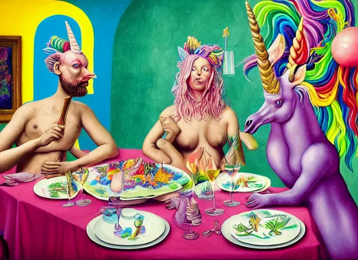 Prompt: realistic detailed image of a heavy tattooed couple of unicorns in in baroque italian restaurant eating colorful unicorn pie, roasted rainbow and drinking sparkling flamingo wine by Neo Rauch, Adrian Ghenie, Storm Thorgerson, and Beeple, neo expressionism art, semi naive, last supper composition, renaissance color palette, cinematic. Beksinski painting, part by Hilma af Klint and Greg Hildebrandt. art by Andrei Tarkovsky. masterpiece