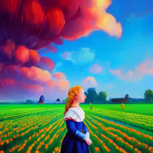 Image similar to giant tulip head dutch girl, surreal photography, flower field, sunset dramatic light, impressionist painting, colorful clouds, blue sky, digital painting, artstation, simon stalenhag