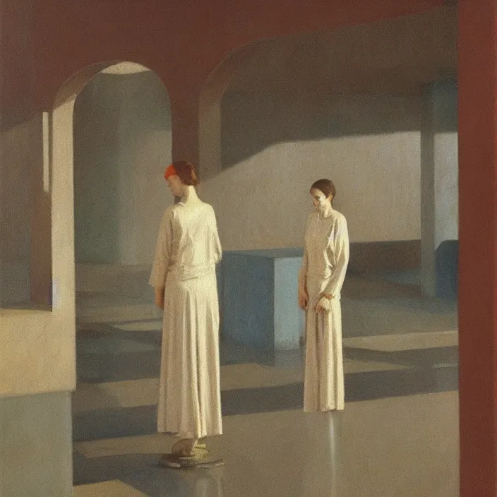 Image similar to woman in translucent robes, short skirt, in magnificent shopping mall, oil painting by edward hopper, zdislav beksinski, wayne barlowe