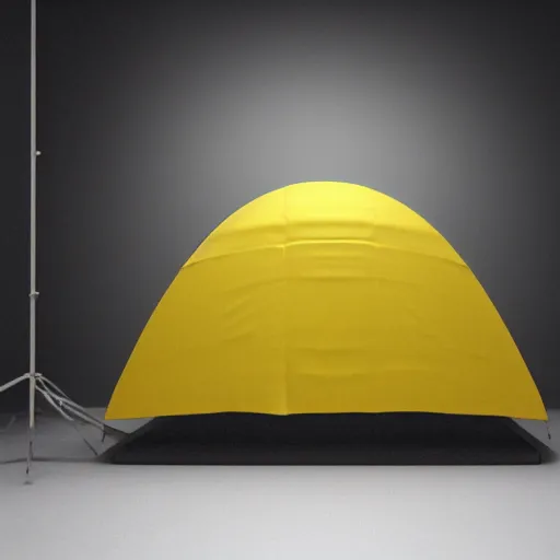 Image similar to photo studio with foggy background. yellow tent on floor. fisherman in balenciaga cloth, plastic bag and black mask. photorealistic high resolution, redshift render, 8 k