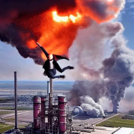 Image similar to epic photo of greta thunberg flying as superman destroying oil refinery explosions and black smoke. cinematic realistic photographic epic lighting