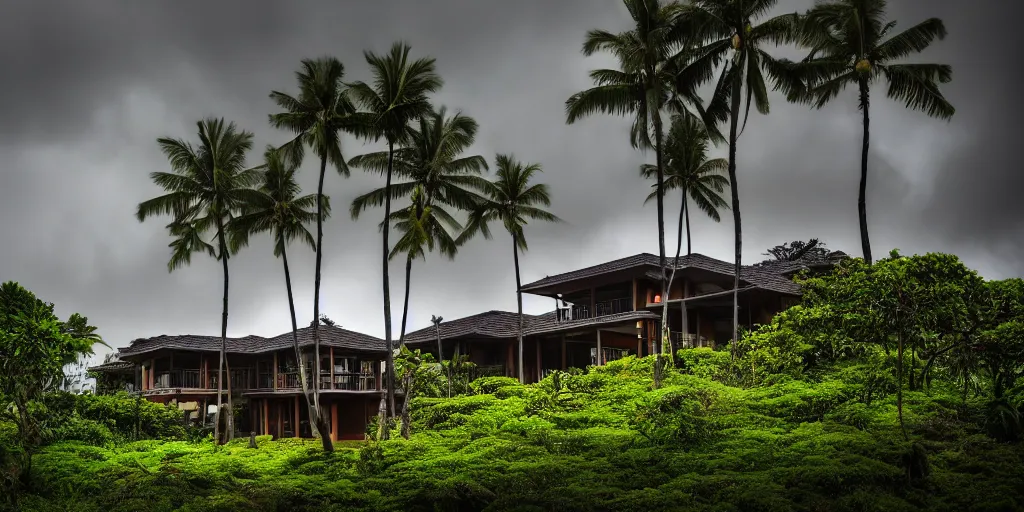 Image similar to a Hawaiian villa in the middle of an tropical forest, ominous Sky, gloomy atmosphere, cinematic, mist, High definition, 8k, ultra detailed