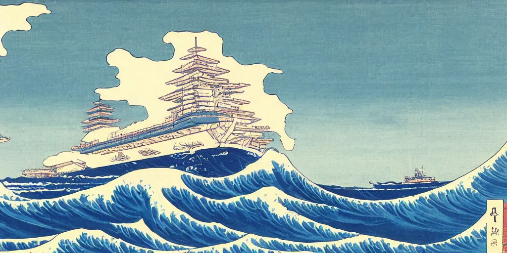 Prompt: A painting of an aircraft carrier on the Great Wave, by Hokusai