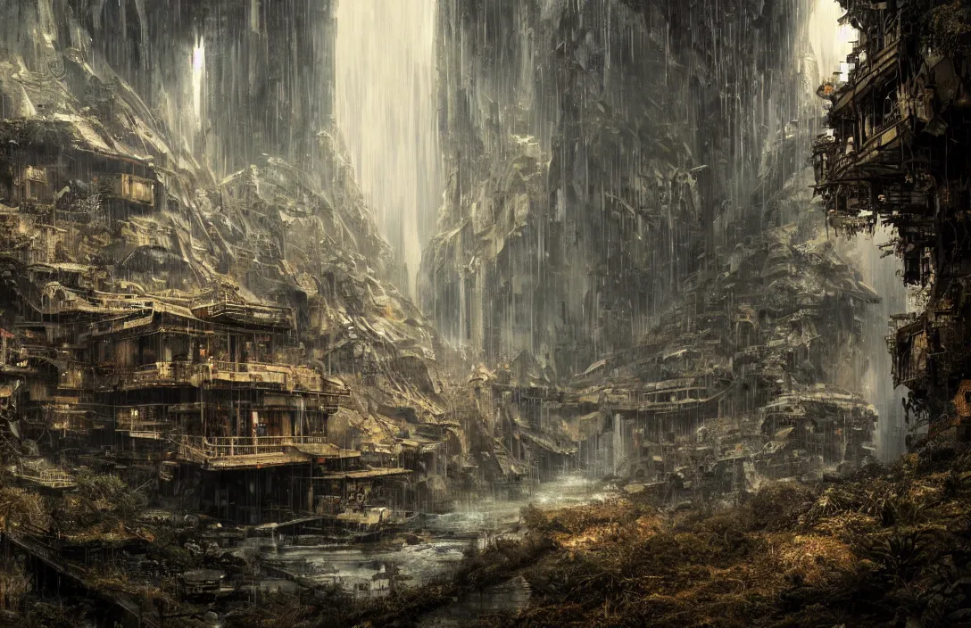 Image similar to a highly detailed abandoned blade runner cyberpunk environment on the edge of a waterfall, detailed intelligent scrollwork, hyperreal phantastic, intricate details in environment, luminance, golden ratio, high aestehtic, cinematic light, dramatic light, godrays, distance, photobash, wideangle, bierstadt, hyperreal 4 k