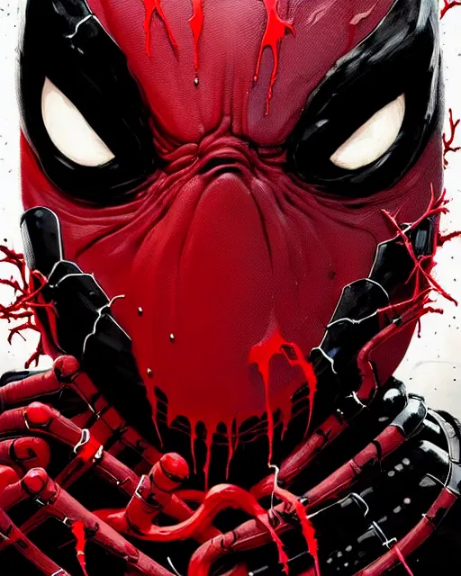 Image similar to highly detailed closeup portrait of a mutated carnage symbiote in deadpool suit with carnages face, wearing black hoodie by atey ghailan, by greg rutkowski, by greg tocchini, by james gilleard, by joe fenton, by kaethe butcher, red, black, crimson and white color scheme, grunge!! graffiti tag wall