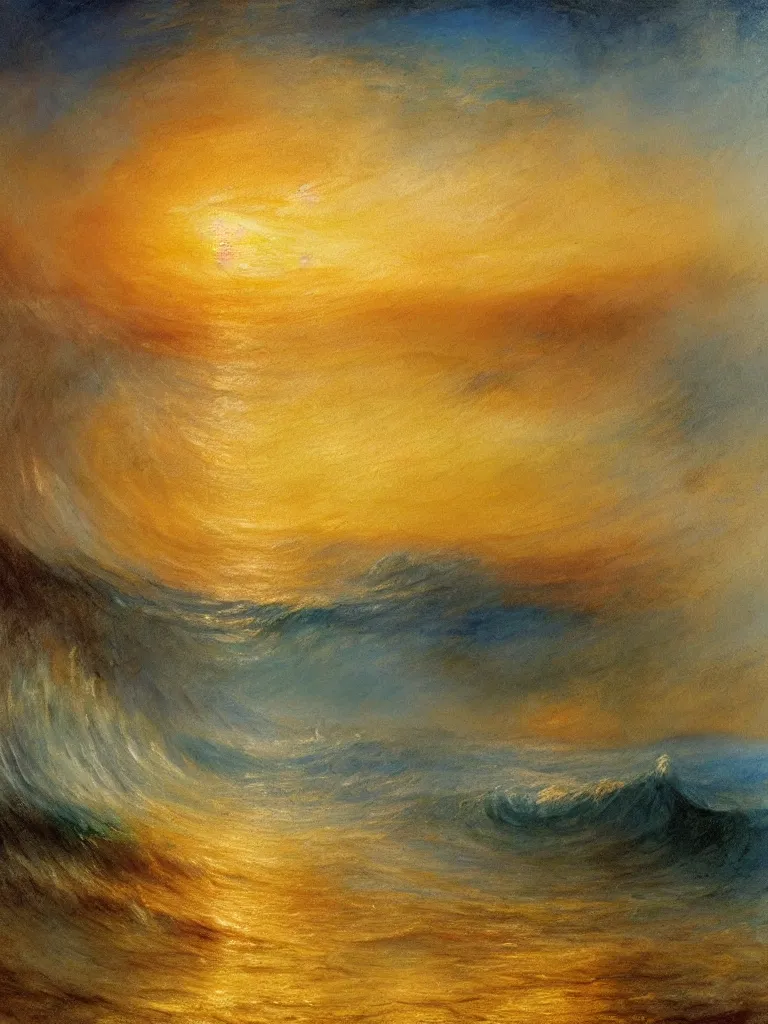 Image similar to a painting of beautiful waves in a colorful ocean during a breathtakingly misty sunset in the style of Joseph Mallord William Turner, artstudio, light oil color scheme