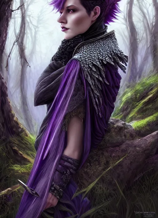 Image similar to side portrait beautiful german woman, adventurer outfit large cloak, fantasy forest landscape, dragon scales, fantasy magic, undercut hairstyle, short purple black fade hair, dark light night, intricate, elegant, sharp focus, illustration, highly detailed, digital painting, concept art, matte, art by wlop and artgerm and ivan shishkin and andrey shishkin, masterpiece